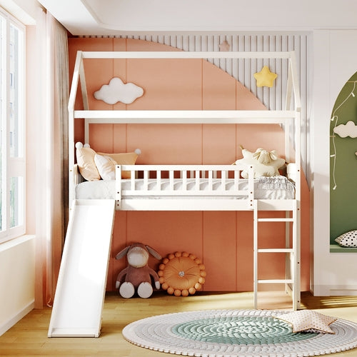 Loft Bed Twin White Solid Wood with Slide and Storage for Bedroom and