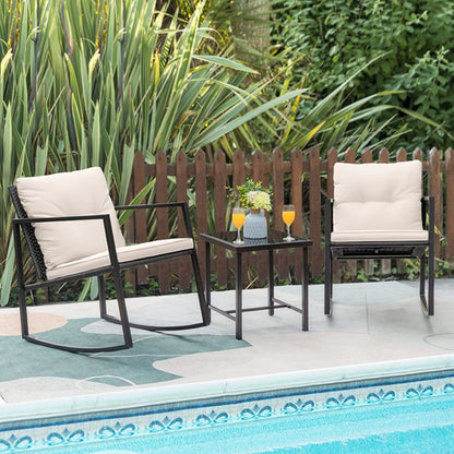 Beige 3 Piece Rocking Wicker Bistro Set With Glass Coffee Table For