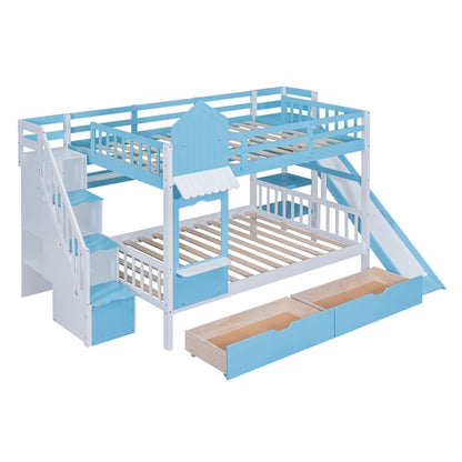 Full-Over-Full Castle Style Bunk Bed with 2 Drawers, 3 Shelves and