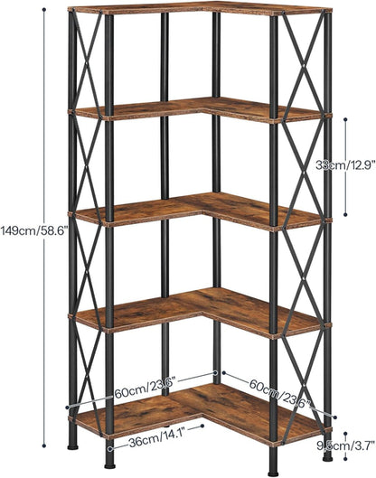 Corner Bookshelf 5-Tier L-Shaped Industrial Bookcase In Rustic Brown