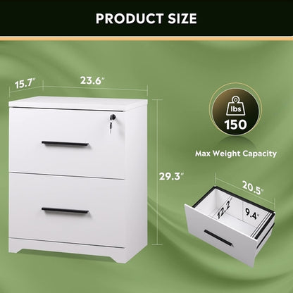 2 Drawer White Wood Lateral File Cabinet With Lock For Office Or Home