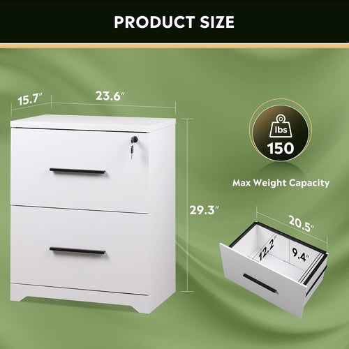 2 Drawer White Wood Lateral File Cabinet With Lock For Office Or Home