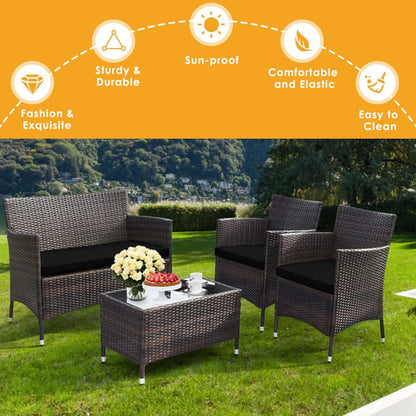 4 Piece Rattan Patio Set With Tempered Glass Table