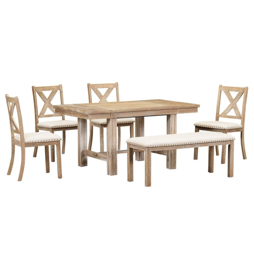 Farmhouse 82inch 6-Piece Extendable Dining Table with Footrest, 4