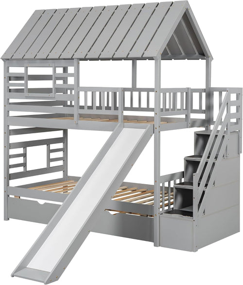 Twin Over Twin Bunk Bed With Slide For Kids Room Decor