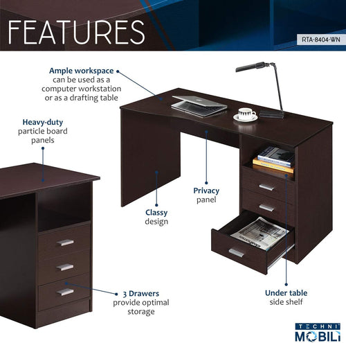 Classic Computer Desk with Multiple Drawers, 29.5" X 23.6" X 51.2",