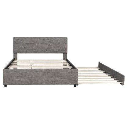 Queen Size Upholstered Platform Bed with Brick Pattern Headboard and