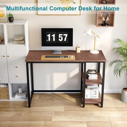 40 Inch Computer Desk With 2 Shelves Brown Sturdy Home Office Gaming
