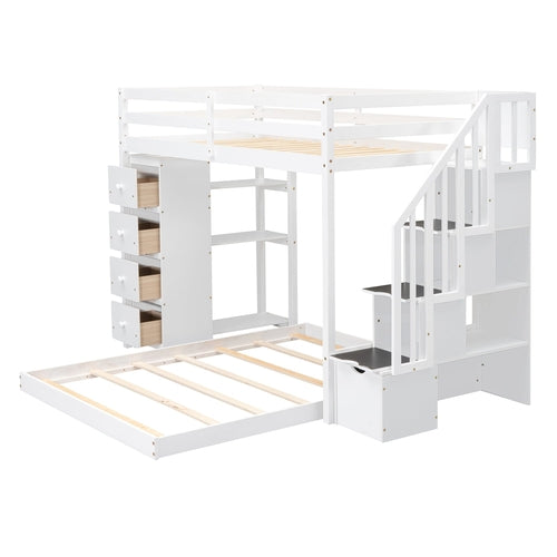 Twin Over Full Bunk Bed with 3-layer Shelves, Drawers and Storage
