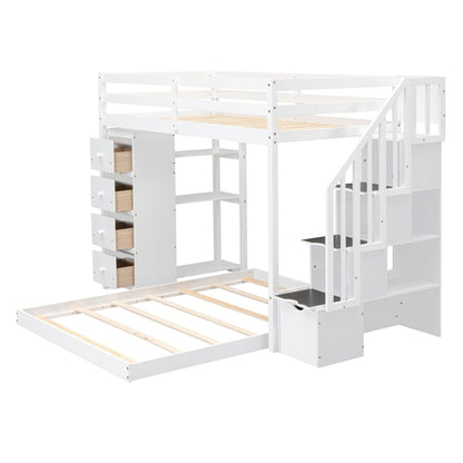 Twin Over Full Bunk Bed with 3-layer Shelves, Drawers and Storage