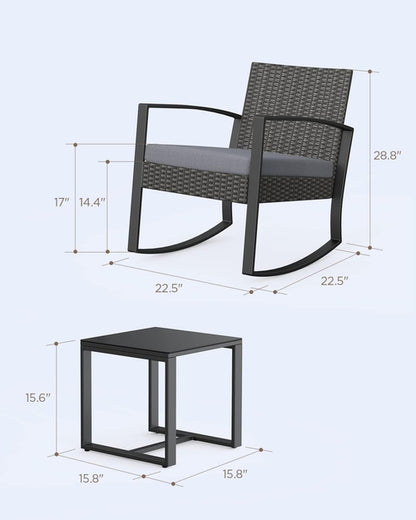 3 Piece Rattan Rocking Bistro Set With Coffee Table Outdoor Patio