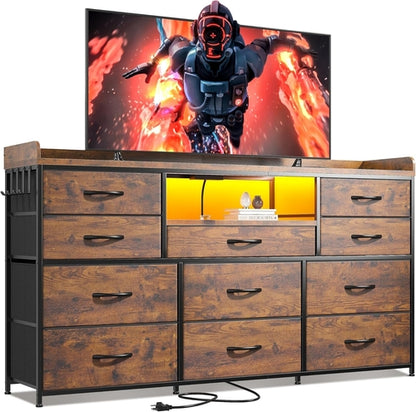 Dresser With 11 Drawers And LED Lights For Bedroom
