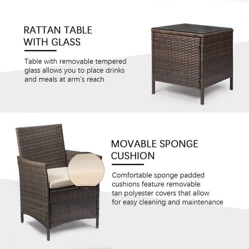 3 Piece PE Rattan Patio Set With Glass Table Brown