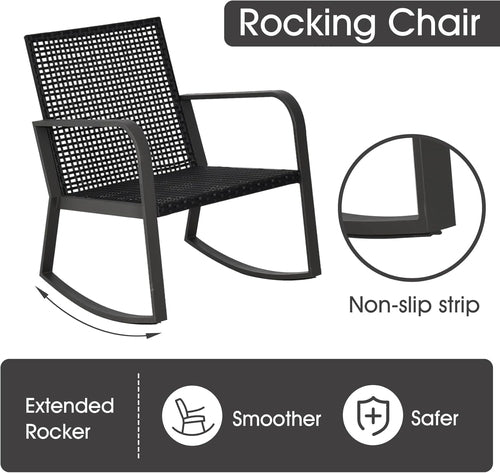 Three Piece Patio Bistro Set With Rocking Chairs And Cushions Beige