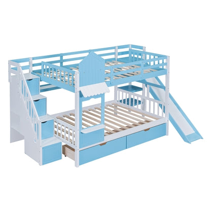 Full-Over-Full Castle Style Bunk Bed with 2 Drawers, 3 Shelves and