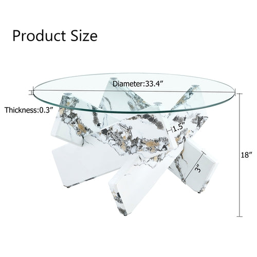 Modern Round Glass Coffee Table – 33.4" Tempered Glass Top with MDF