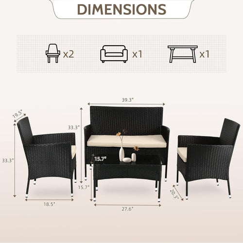 Outdoor Rattan 4 Piece Patio Furniture Conversation Set