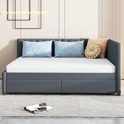 Upholstered Daybed with 2 Storage Drawers Sofa Bed Frame, Linen Fabric