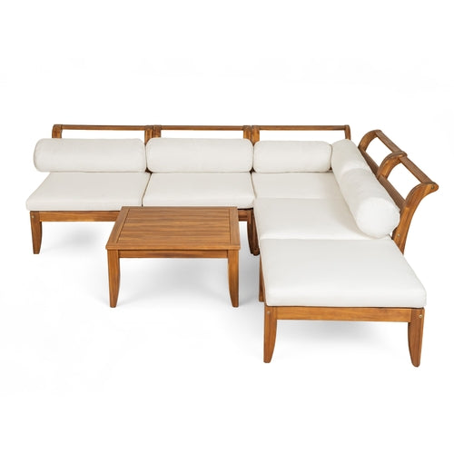 6 Piece Patio Sofa Set, Acacia Wood Outdoor Modular Sectional Garden
