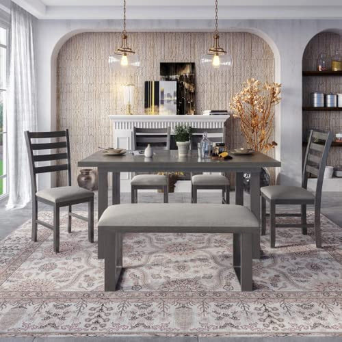 6 Piece Rustic Wood Dining Table Set With Bench And Chairs