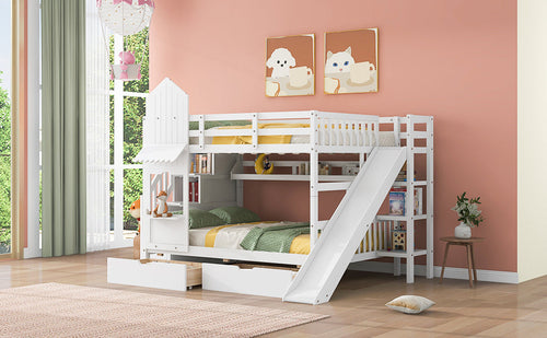 Full-Over-Full Castle Style Bunk Bed with 2 Drawers, 3 Shelves and