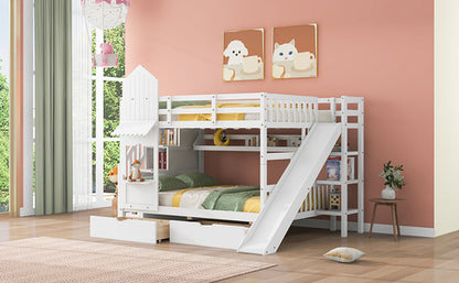 Full-Over-Full Castle Style Bunk Bed with 2 Drawers, 3 Shelves and