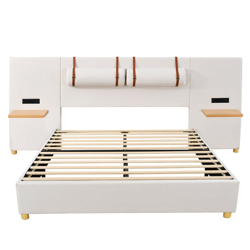 Upholstered Platform Bed with Outlets, USB Ports, Pillows and Storage
