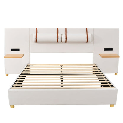 Upholstered Platform Bed with Outlets, USB Ports, Pillows and Storage