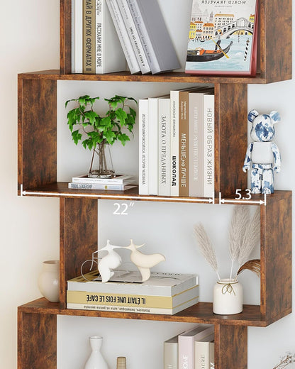 Geometric Bookcase 6 Tier S Shaped Rustic Brown Wood Shelf