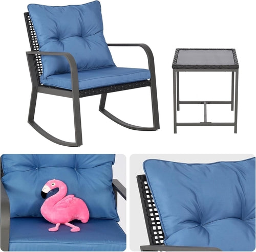 Blue 3 Piece Patio Bistro Set With Rocking Chairs And Cushioned Seats