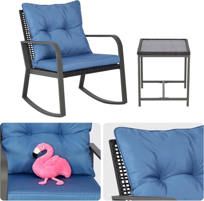 Blue 3 Piece Patio Bistro Set With Rocking Chairs And Cushioned Seats