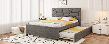Queen Size Upholstered Platform Bed with Brick Pattern Headboard and