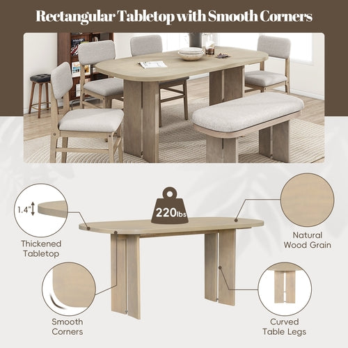 Solid Wood Dining Table Set with Bench - 6-Piece Upholstered
