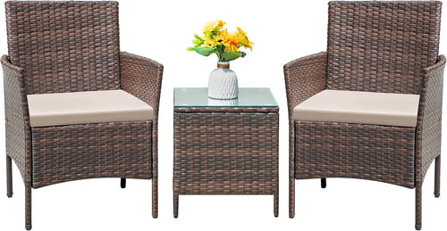Patio Set 3 Piece All Weather Rattan Glass Table Brown