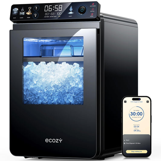 ecozy Nugget Ice Maker Countertop, First Full-Color Smart Panel 44 lbs/24H Ice Machine with APP & Voice Control, Double-Layer Insulation, Pull-Out Water Tank, Soft Pebble Chewable Ice, Self-Cleaning