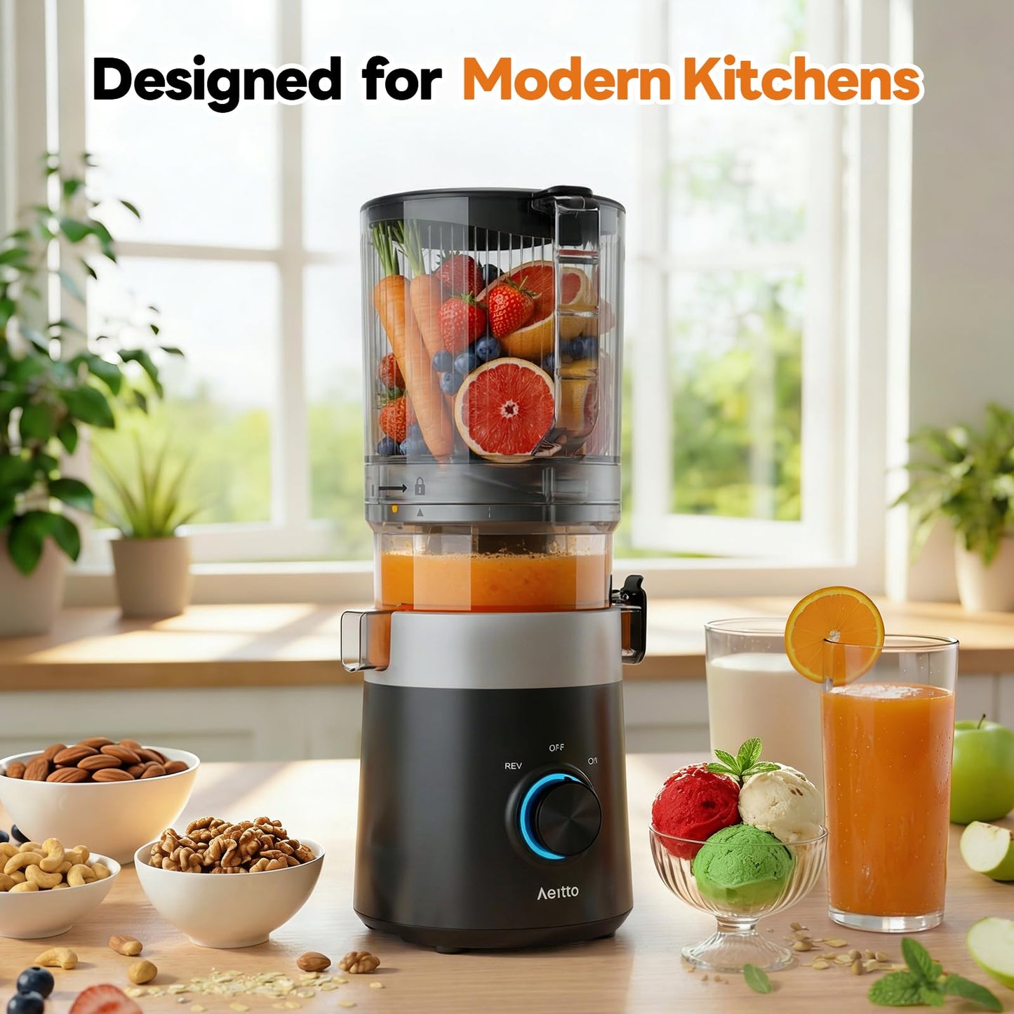 Aeitto 3-in-1 Juicer Machines With 6.0" Wide Feed Chute for Makes Juice, Sorbet & Nut Milk, Easy to Clean With Filter-Free Design, Masticating Juicer, Large Capacity, Self Feeding System, With Brush