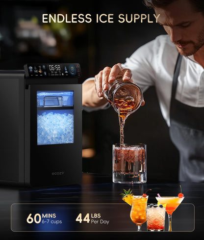 ecozy Nugget Ice Maker Countertop, First Full-Color Smart Panel 44 lbs/24H Ice Machine with APP & Voice Control, Double-Layer Insulation, Pull-Out Water Tank, Soft Pebble Chewable Ice, Self-Cleaning