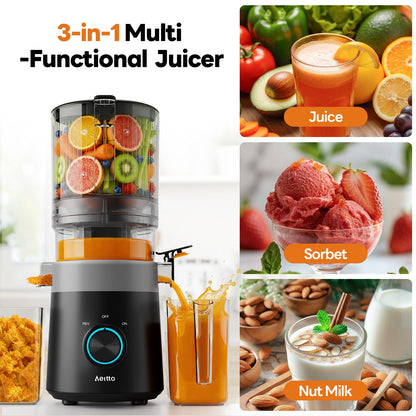 Aeitto 3-in-1 Juicer Machines With 6.0" Wide Feed Chute for Makes Juice, Sorbet & Nut Milk, Easy to Clean With Filter-Free Design, Masticating Juicer, Large Capacity, Self Feeding System, With Brush