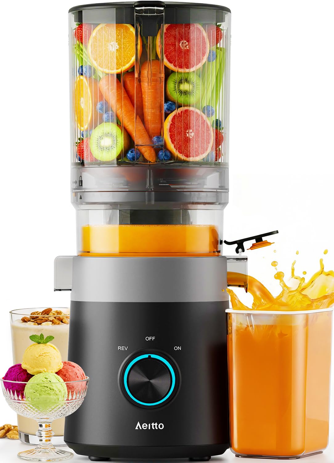 Aeitto 3-in-1 Juicer Machines With 6.0" Wide Feed Chute for Makes Juice, Sorbet & Nut Milk, Easy to Clean With Filter-Free Design, Masticating Juicer, Large Capacity, Self Feeding System, With Brush