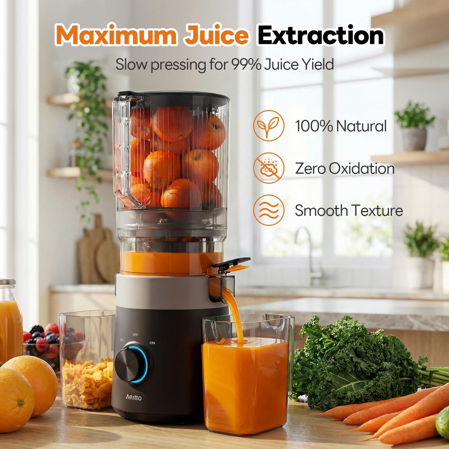 Aeitto 3-in-1 Juicer Machines With 6.0" Wide Feed Chute for Makes Juice, Sorbet & Nut Milk, Easy to Clean With Filter-Free Design, Masticating Juicer, Large Capacity, Self Feeding System, With Brush