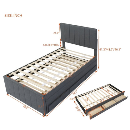 Upholstered Platform Bed with Trundle and 3 Drawers, Linen Fabric