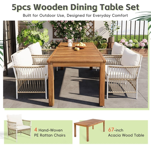 Patio 5pcs Wooden Dining Table Set, Outdoor 67''L Rectangular Table