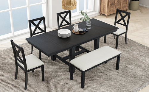 Farmhouse 82inch 6-Piece Extendable Dining Table with Footrest, 4