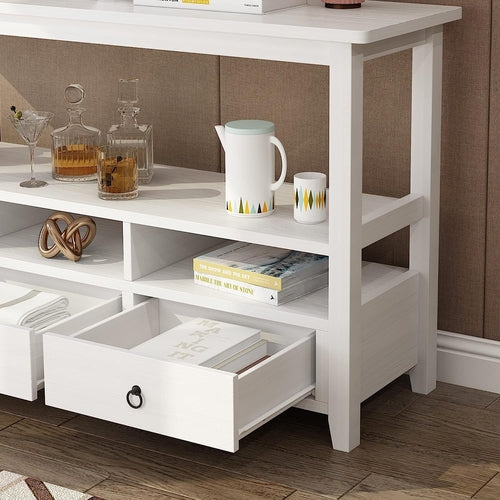 Vintage White Console Table With Storage Drawers And Shelves