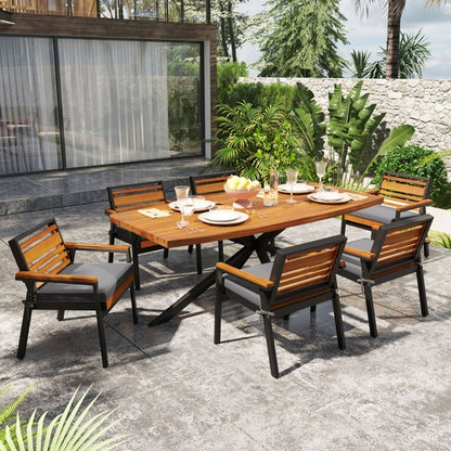 Modern 7-Piece Dining Set, Acacia Wood with Iron Frame, 6 Chairs with