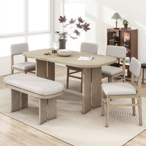 Solid Wood Dining Table Set with Bench - 6-Piece Upholstered