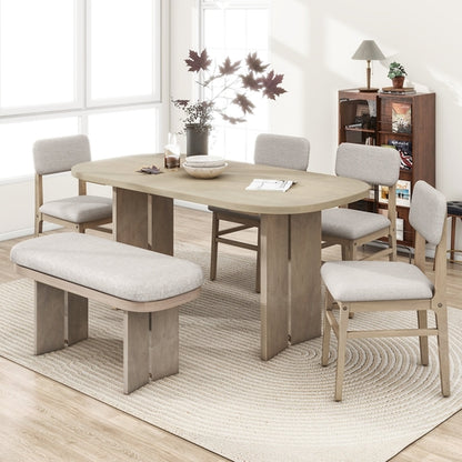 Solid Wood Dining Table Set with Bench - 6-Piece Upholstered