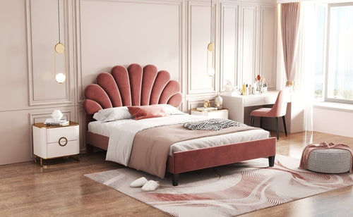 Upholstered Platform Bed with Flower Pattern Velvet Headboard