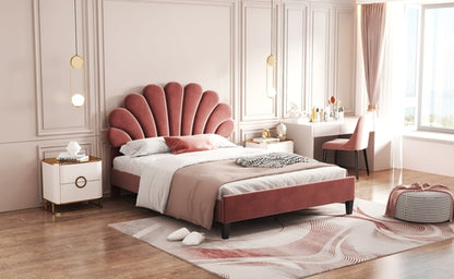 Upholstered Platform Bed with Flower Pattern Velvet Headboard