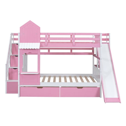 Full-Over-Full Castle Style Bunk Bed with 2 Drawers, 3 Shelves and